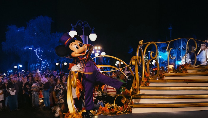Mickey Mouse in Halloween costume during parade at Mickey's Not-So-Scary Halloween Party, Orlando.