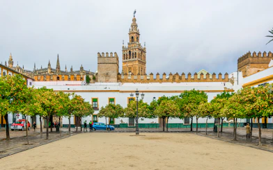 La Giralda tower with courtyard and orange trees in Seville, Spain.
