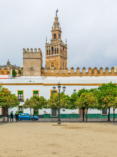 La Giralda tower with courtyard and orange trees in Seville, Spain.