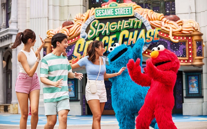 Sesame Street characters with visitors at Spaghetti Space Chase, Universal Studios Singapore.