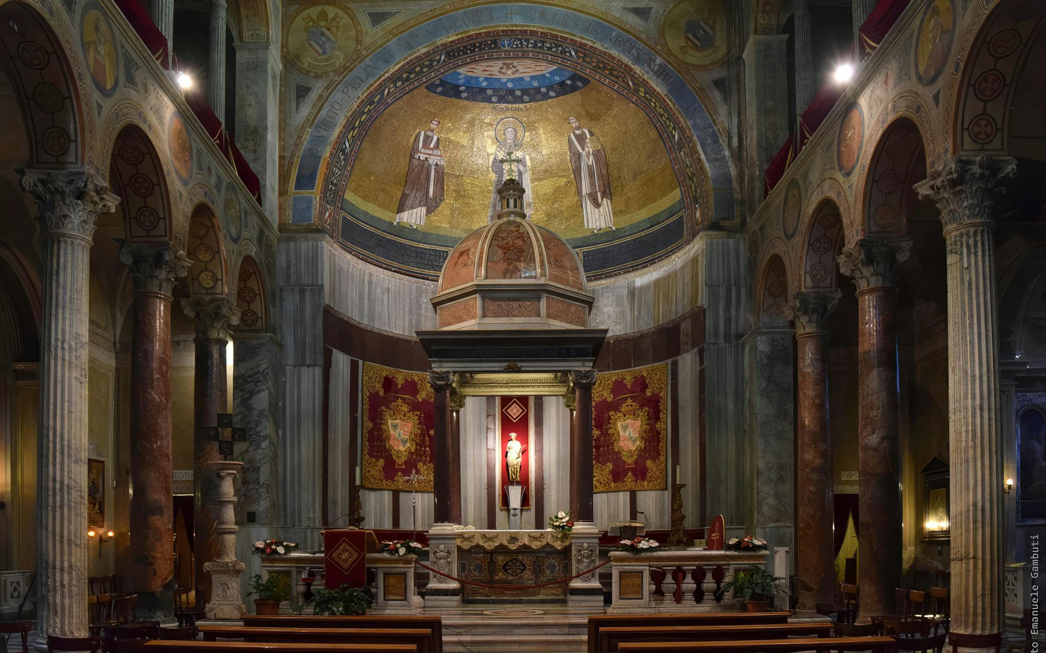 Altar and mosaic in the Basilica of Saint Agnes, Rome, featuring religious iconography.