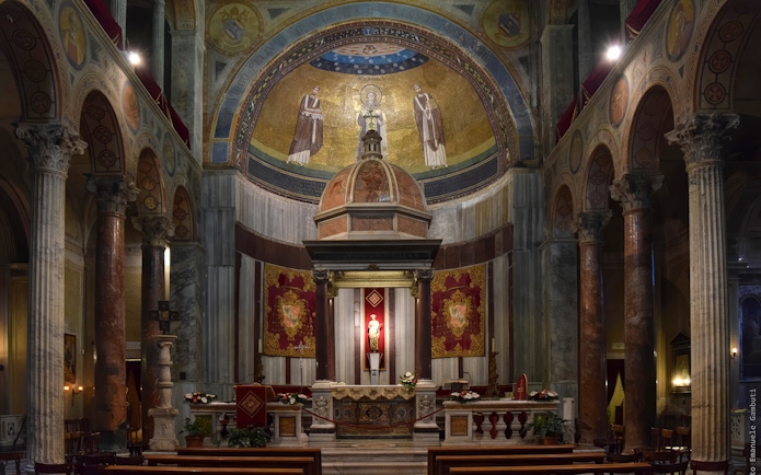 Altar and mosaic in the Basilica of Saint Agnes, Rome, featuring religious iconography.