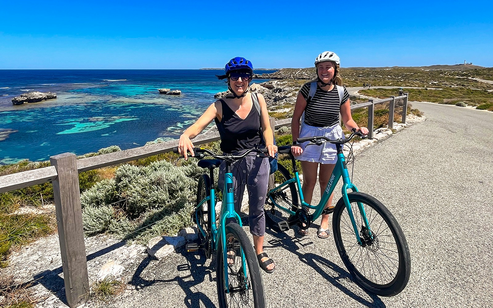 Ferry approaching Rottnest Island with clear blue waters, departing from Perth or Fremantle.