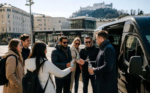 Group of tourists enjoying drinks near a van in Salzburg with Hohensalzburg Fortress in the background.