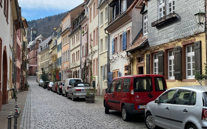 Cobblestone street in Heidelberg lined with colorful historic buildings, part of self-guided city exploration game.