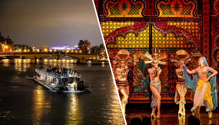 Seine River cruise at night and Moulin Rouge dancers performing in Paris.
