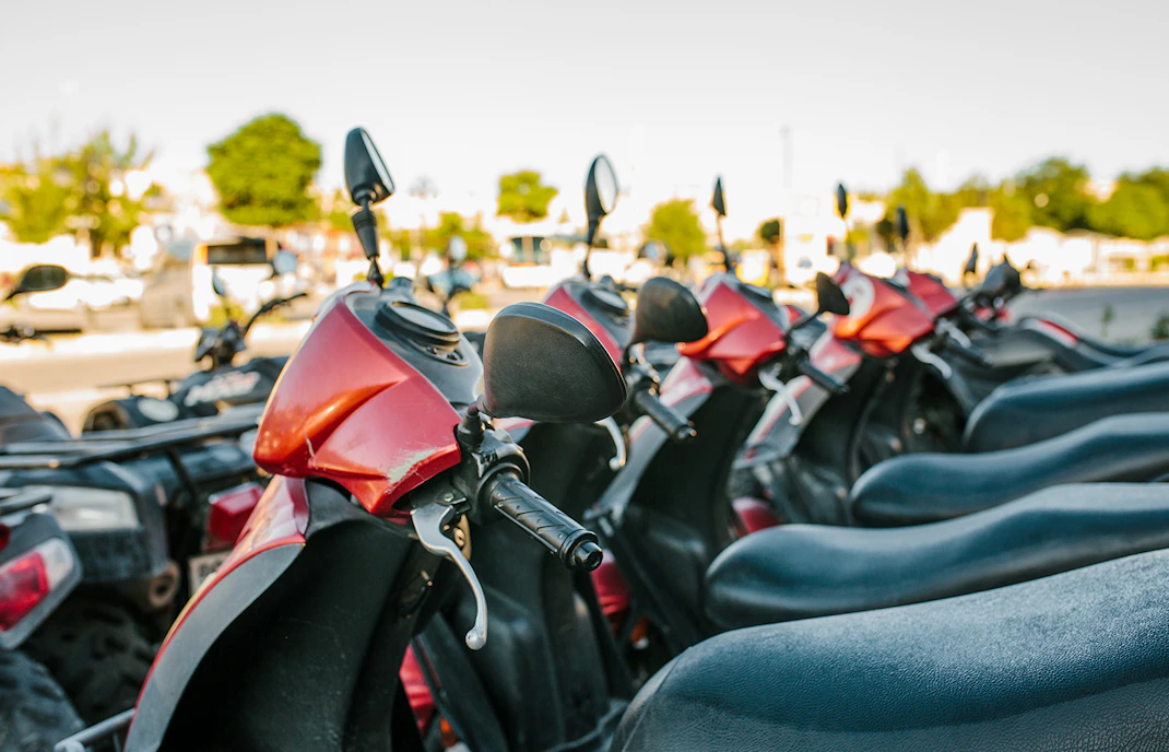 Rental scooters lined up in Cappadocia, Turkey.