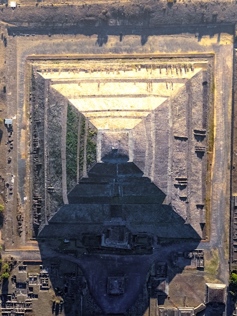 Aerial view of Teotihuacan Pyramid from hot air balloon, Mexico.