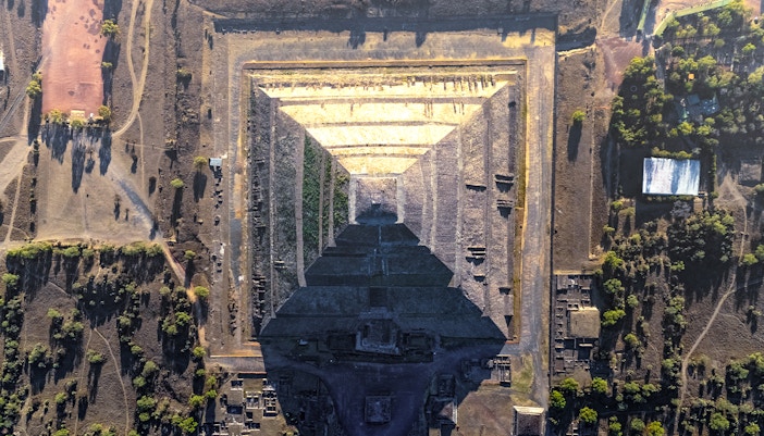 Aerial view of Teotihuacan Pyramid from hot air balloon, Mexico.