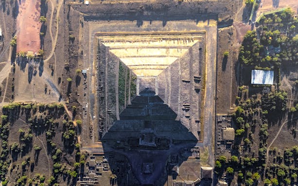 Aerial view of Teotihuacan Pyramid from hot air balloon, Mexico.