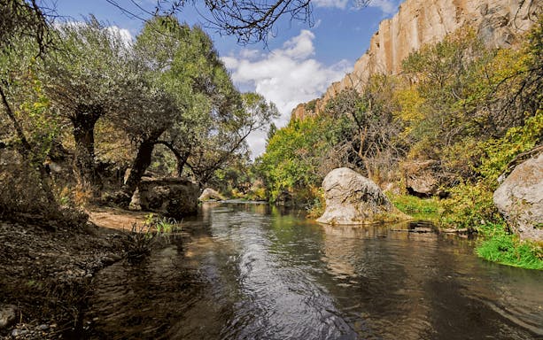 River flowing through Ihlara Valley with rocky cliffs and lush trees, Cappadocia.