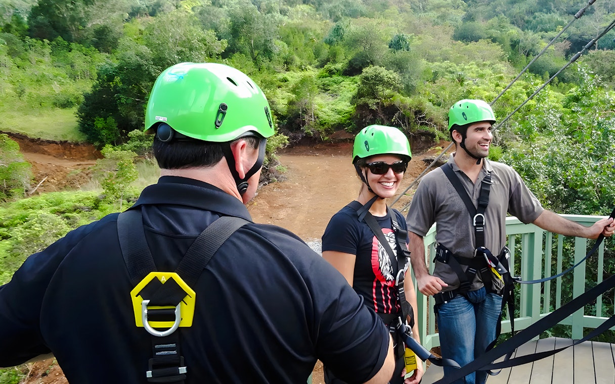 Zipline participants preparing at Kualoa Ranch, Hawaii.