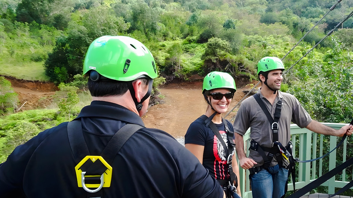 Zipline participants preparing at Kualoa Ranch, Hawaii.
