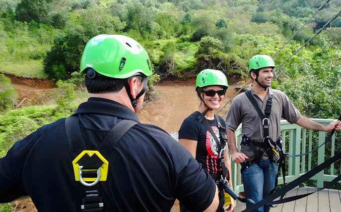 Zipline participants preparing at Kualoa Ranch, Hawaii.