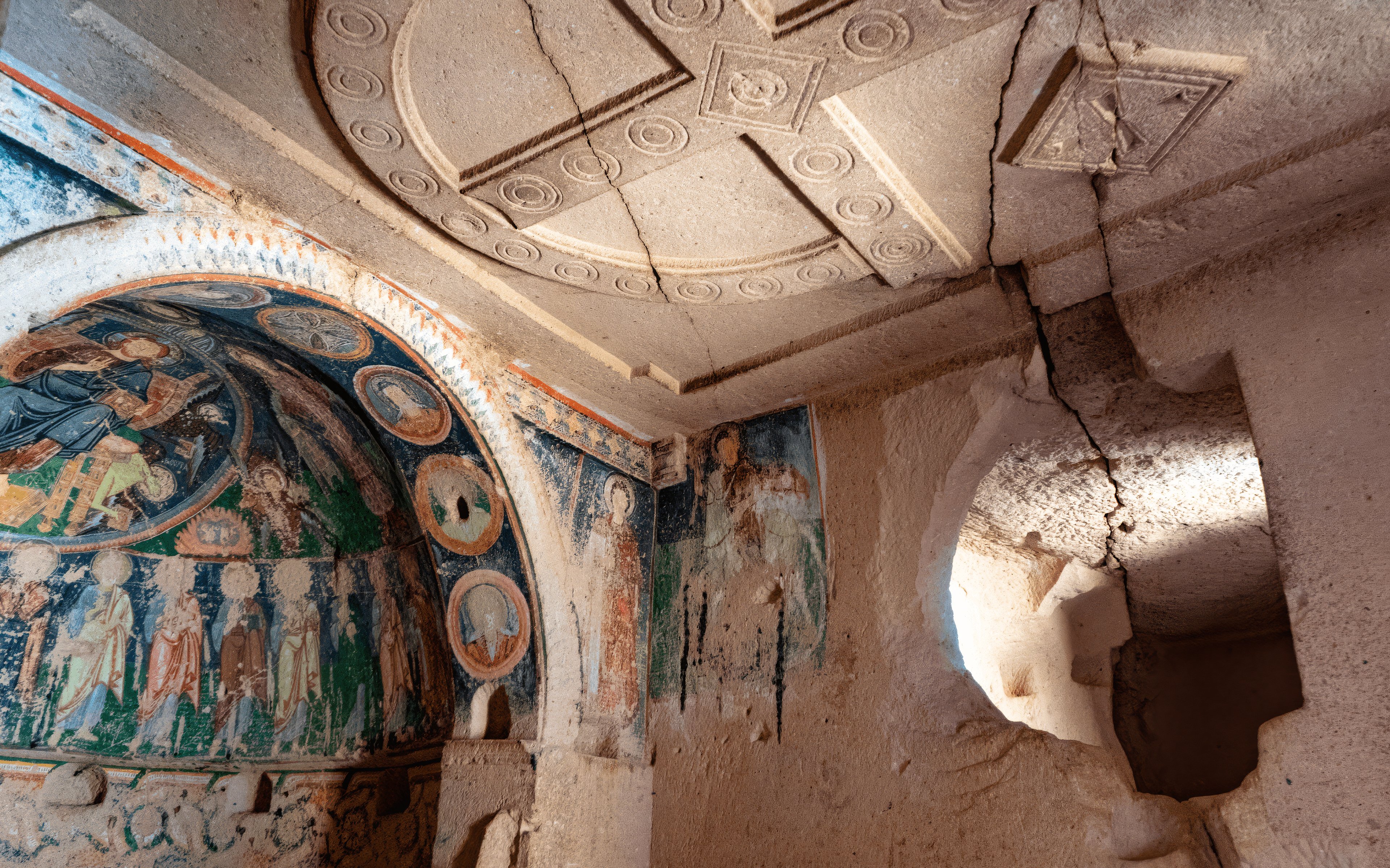 Frescoes and carvings inside Cross Church, Cappadocia, Turkey.