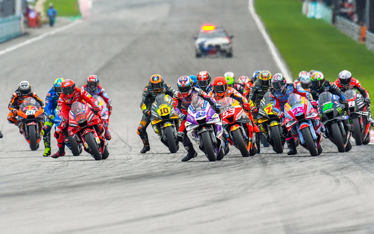 Motorcycle racers competing at the Petronas Grand Prix of Malaysia 2023.