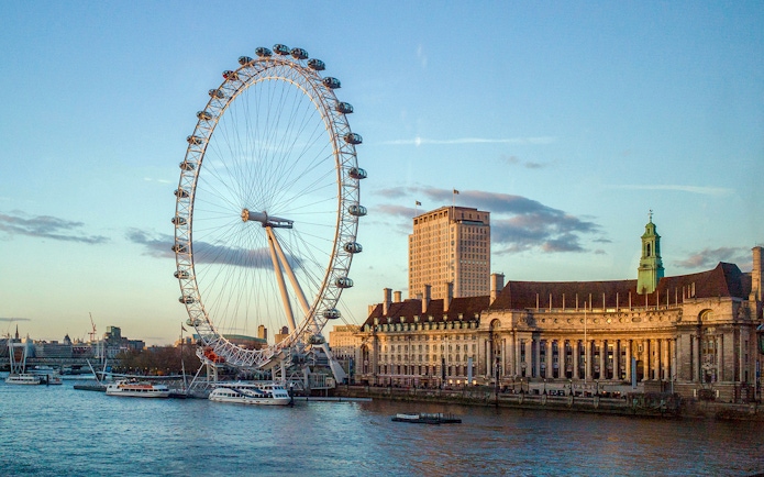 London Eye and County Hall viewed from the Thames during a 24-hour cruise.