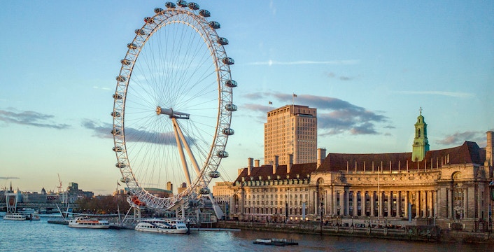 London Eye and County Hall viewed from the Thames during a 24-hour cruise.