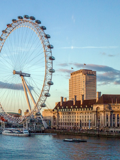 London Eye and County Hall viewed from the Thames during a 24-hour cruise.