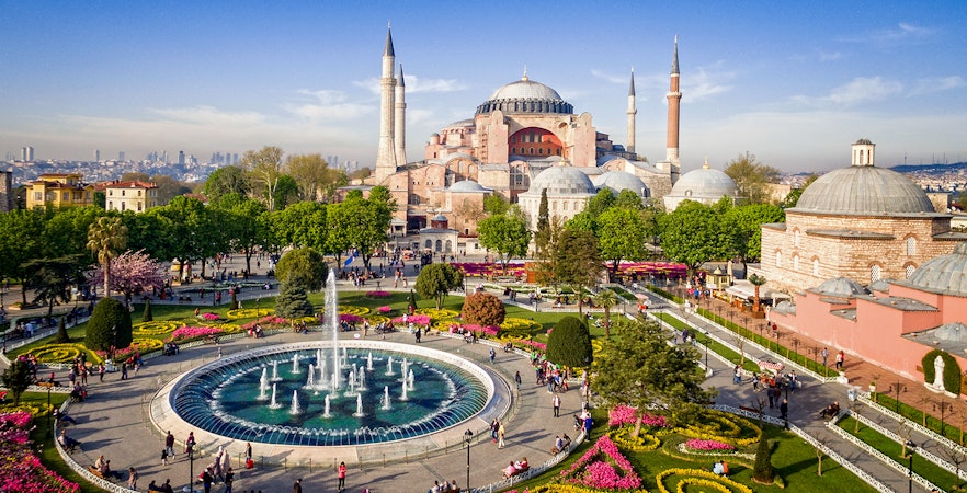 Aerial view of Hagia Sophia and surrounding gardens in Istanbul, Turkey.