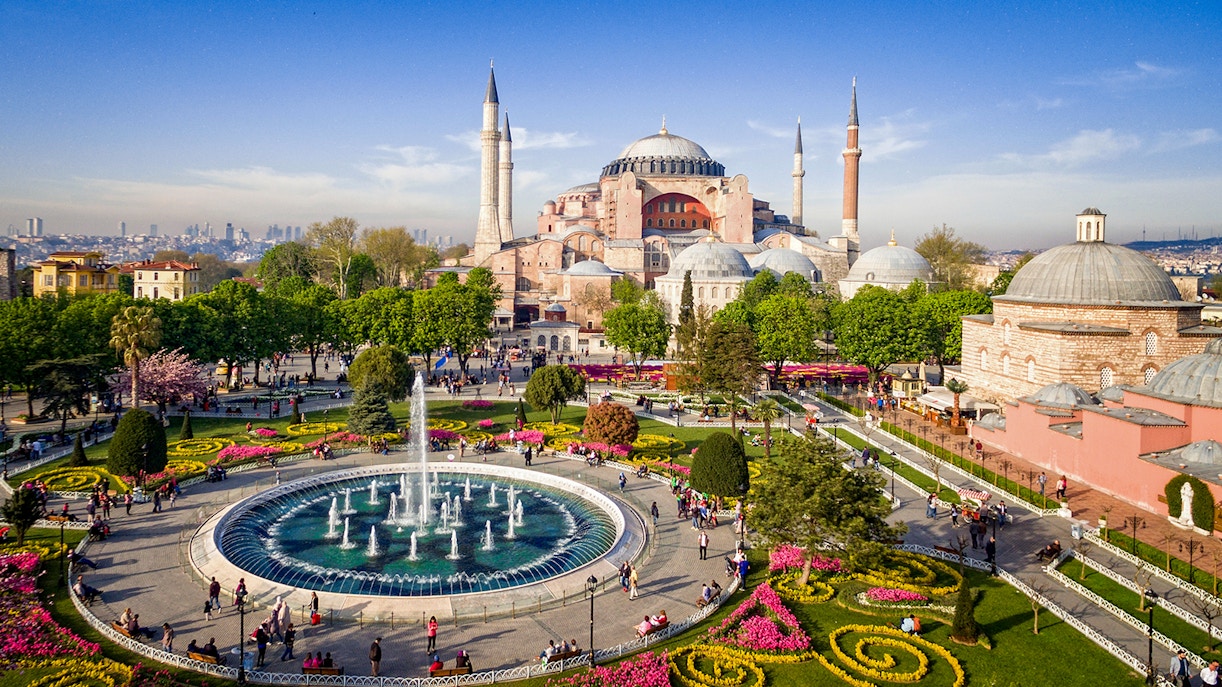 Aerial view of Hagia Sophia and surrounding gardens in Istanbul, Turkey.