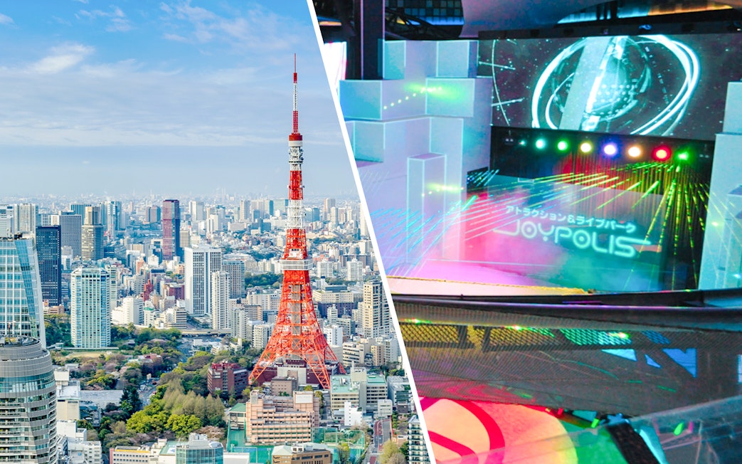 Tokyo Tower skyline and Joypolis interior with colorful lights.