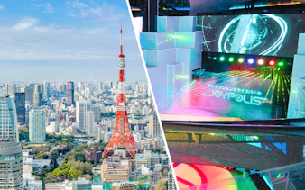 Tokyo Tower skyline and Joypolis interior with colorful lights.