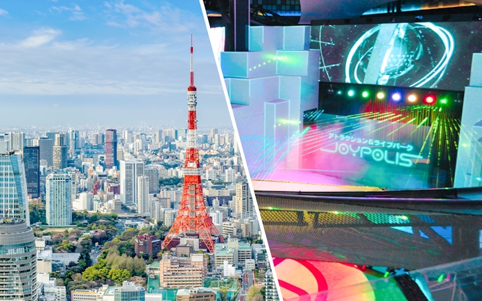 Tokyo Tower skyline and Joypolis interior with colorful lights.