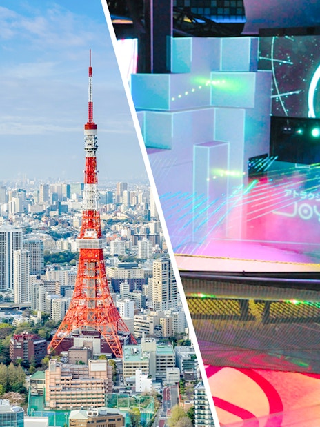 Tokyo Tower skyline and Joypolis interior with colorful lights.