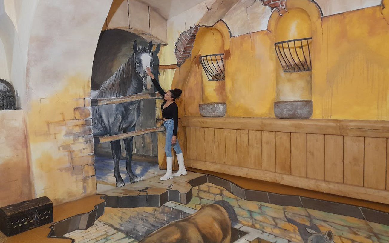 Person interacting with a horse mural at the Museum of Senses exhibit.