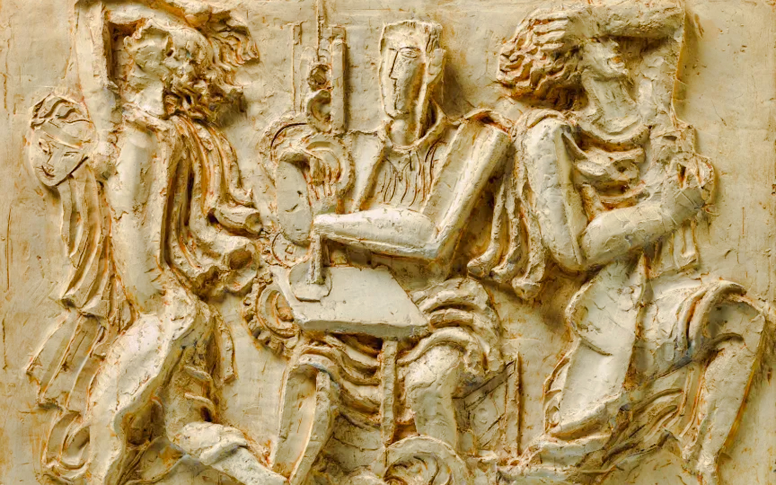 Sculpted relief artwork inside Zadkine Museum, Paris.