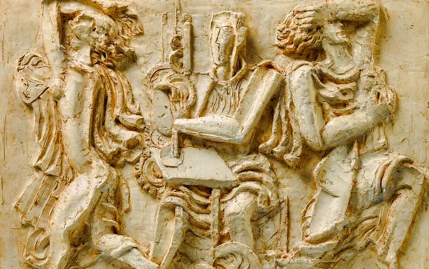 Sculpted relief artwork inside Zadkine Museum, Paris.