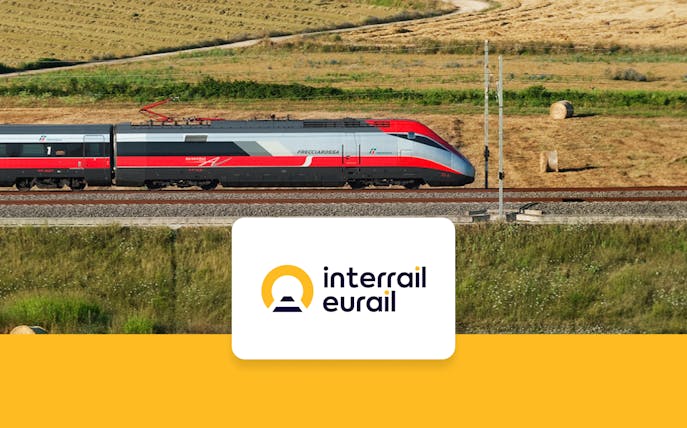 High-speed train traveling through countryside, Interrail Global Continuous Pass.