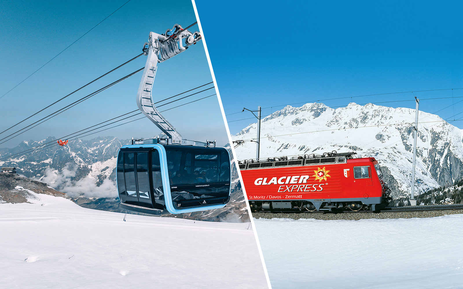 Cable car ascending Matterhorn Glacier Paradise and Glacier Express train in snowy Alps.