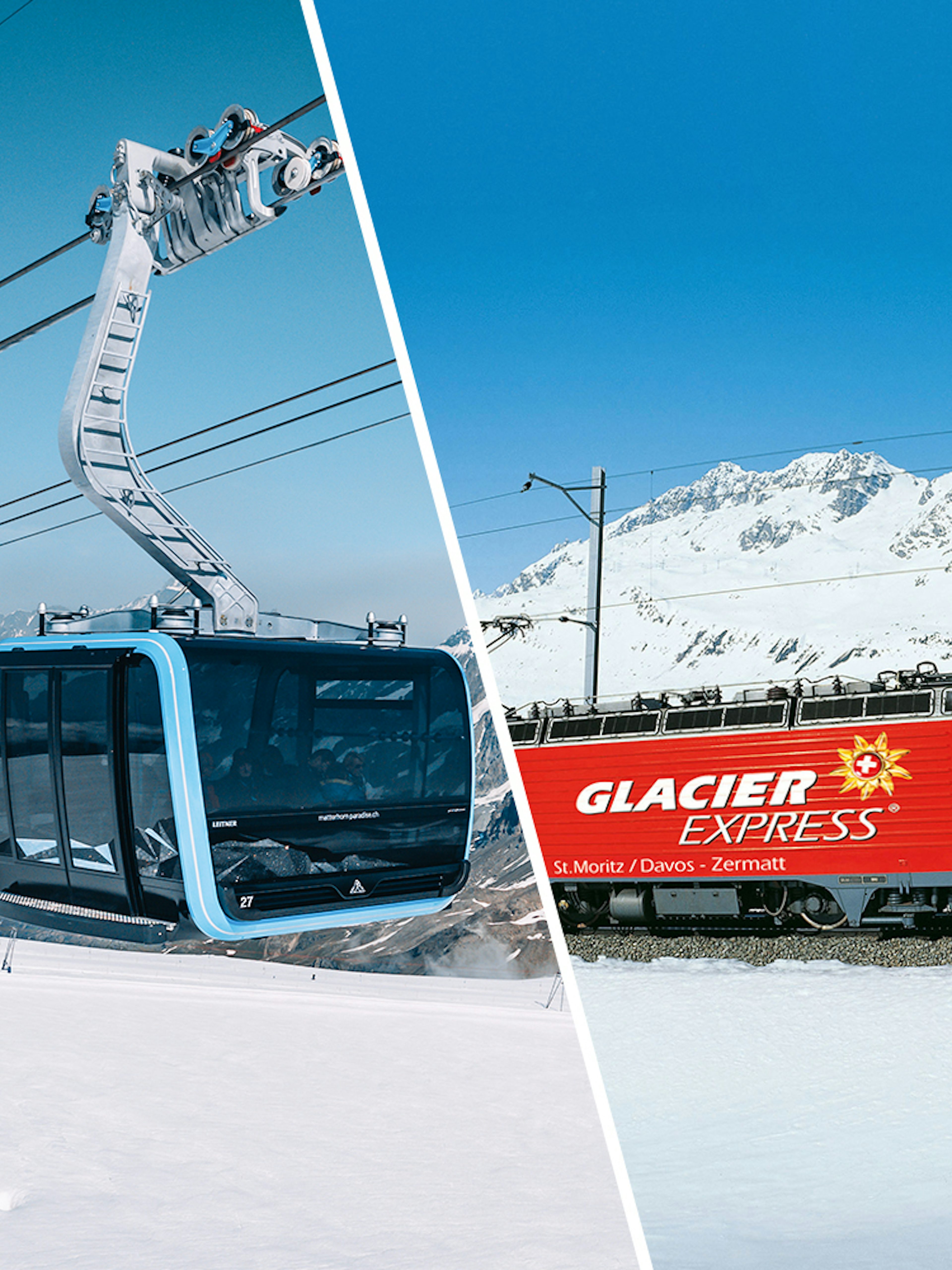 Cable car ascending Matterhorn Glacier Paradise and Glacier Express train in snowy Alps.