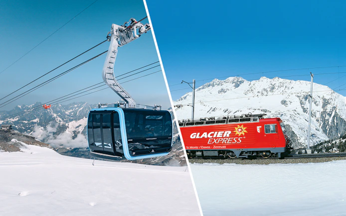 Cable car ascending Matterhorn Glacier Paradise and Glacier Express train in snowy Alps.