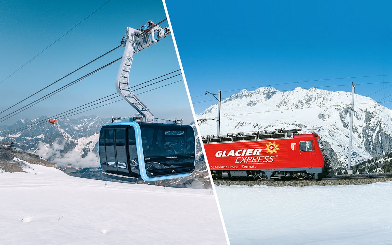 Cable car ascending Matterhorn Glacier Paradise and Glacier Express train in snowy Alps.