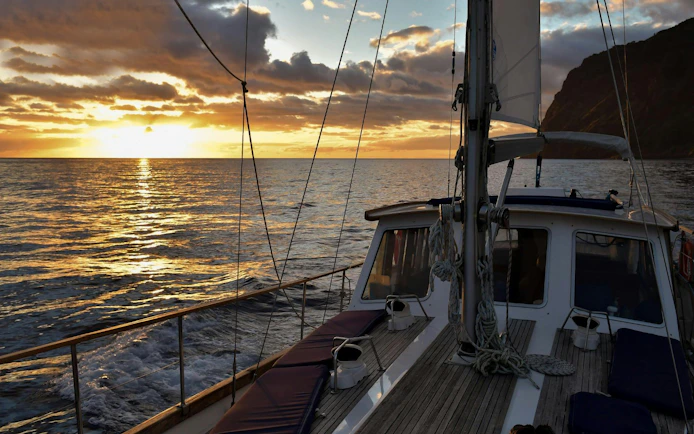 Sailing boat at sunset on Madeira Dolphin & Whale Watching tour.