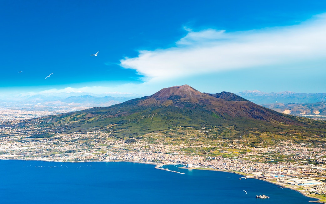 Mount Vesuvius overlooking Naples and the Bay of Naples, Italy.