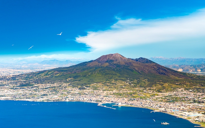 Mount Vesuvius overlooking Naples and the Bay of Naples, Italy.