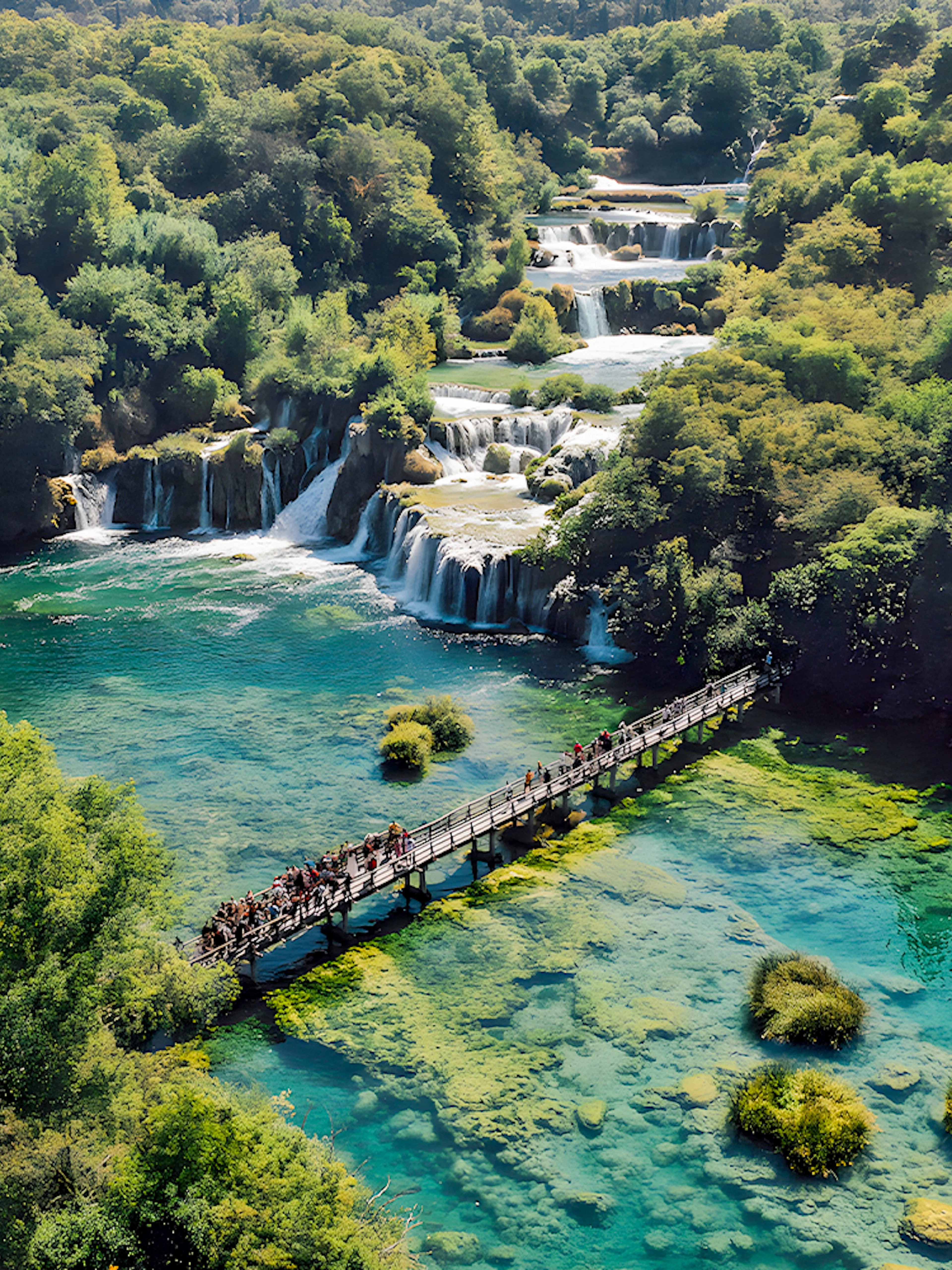Visitors walking on a bridge over turquoise water at Krka National Park, Croatia.