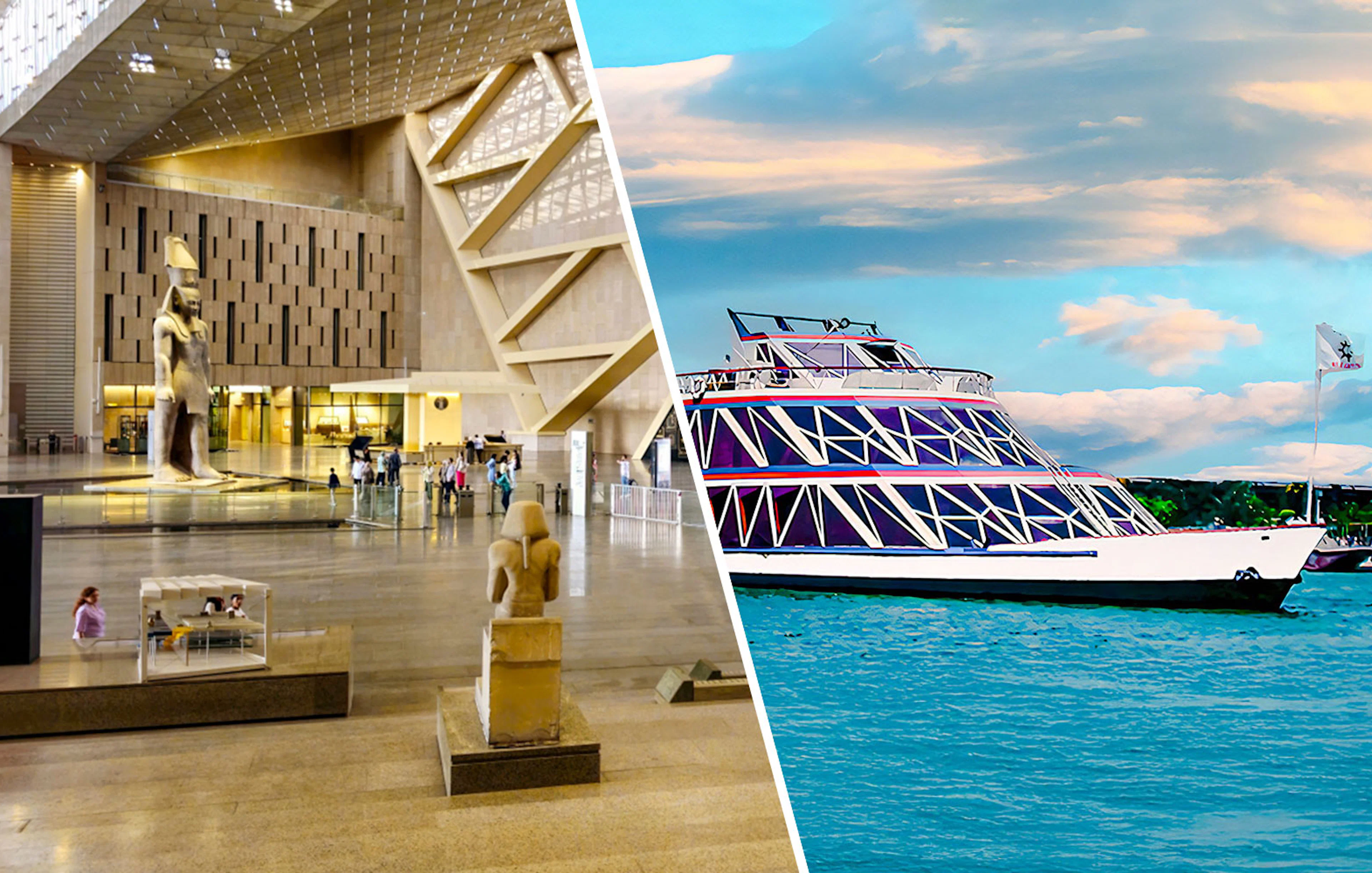 Nile cruise ship on the river with Egyptian museum interior and statues.