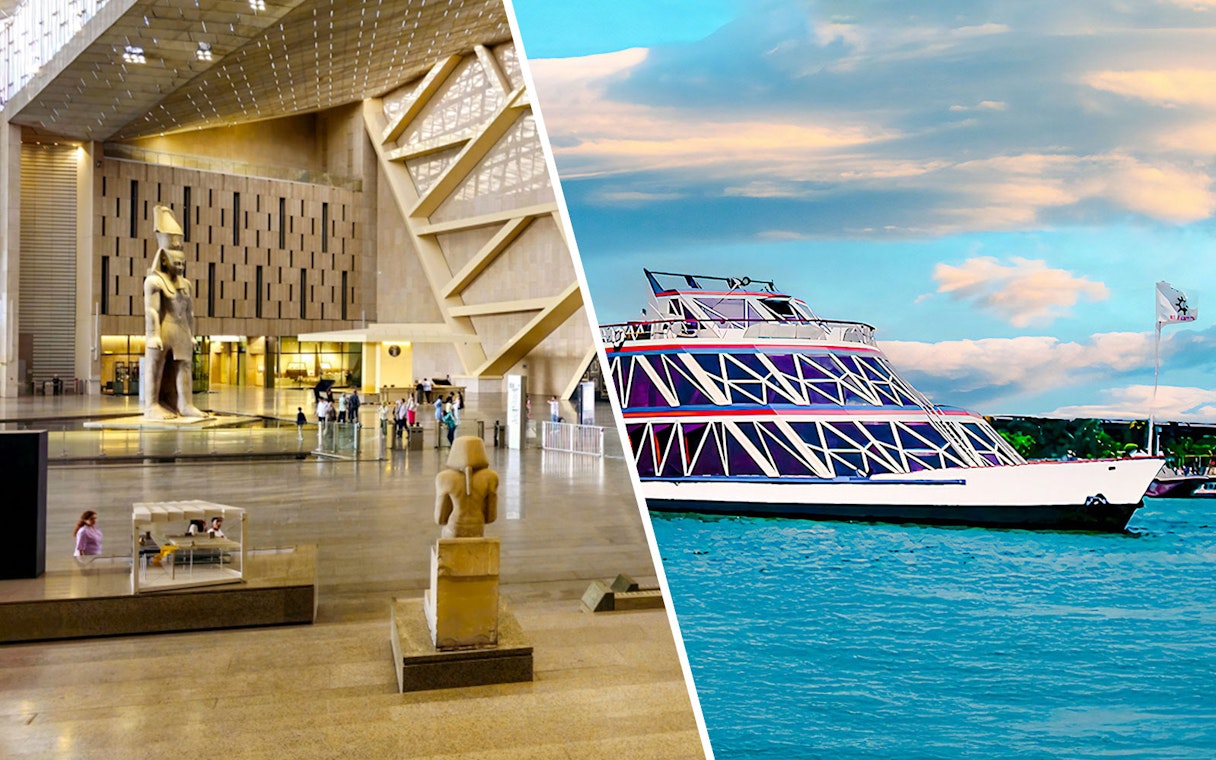 Nile cruise ship on the river with Egyptian museum interior and statues.