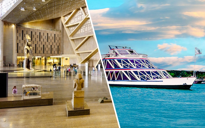 Nile cruise ship on the river with Egyptian museum interior and statues.