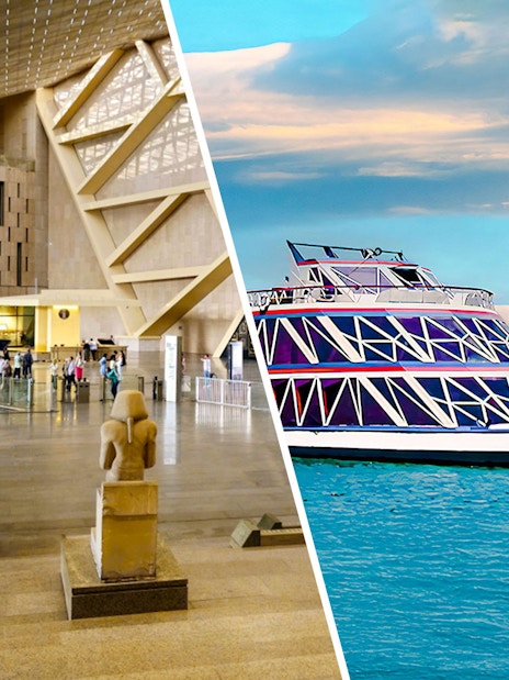 Nile cruise ship on the river with Egyptian museum interior and statues.