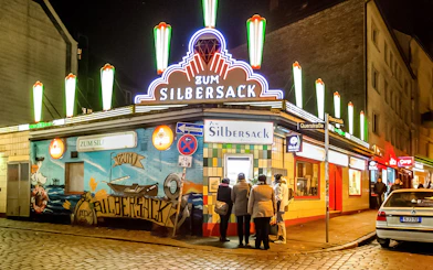Zum Silbersack bar in St. Pauli at night, part of the Sex & Crime Tour.