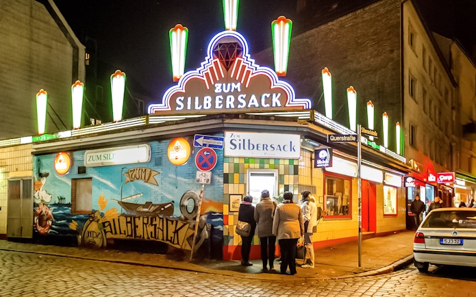 Zum Silbersack bar in St. Pauli at night, part of the Sex & Crime Tour.