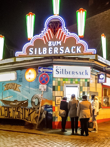 Zum Silbersack bar in St. Pauli at night, part of the Sex & Crime Tour.