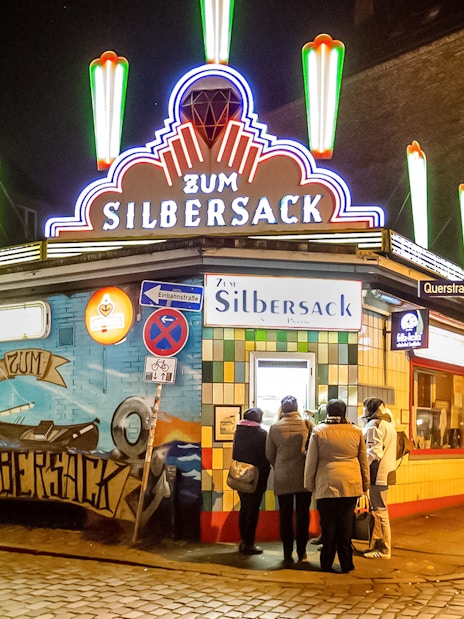 Zum Silbersack bar in St. Pauli at night, part of the Sex & Crime Tour.