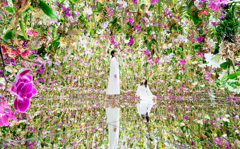 Visitors in floral installation at teamLab SuperNature Macau.